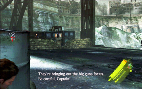 After getting to the top, take cover behind barrels on the left and kill enemies to the right - Chapter 2 - The Bridge | Chriss campaign - Chriss campaign - Resident Evil 6 Game Guide