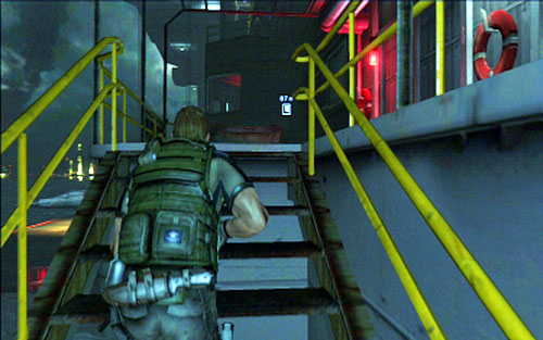 Once you get to the deck, head to the right all the time, jumping between platforms and climbing up the stairs and ladders - Chapter 4 - The Hold | Chriss campaign - Chriss campaign - Resident Evil 6 Game Guide