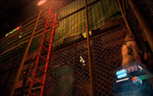 While running forward on the narrow street, youll reach a high red ladder - Chapter 4 - Dark Alleys | Jakes campaign - Jakes campaign - Resident Evil 6 Game Guide