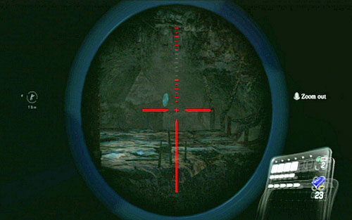 Cover her while she is climbing and then take the sniper rifle and shoot an emblem located far to the right side of the lowered bridge - Chapter III | Emblems - Leon - Emblems - Leon - Resident Evil 6 Game Guide