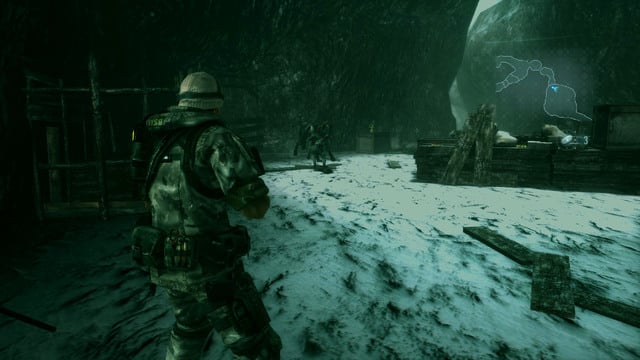 Throw a first decoy at wolves, who will attack you from the left, after jumping down to the bigger cave - Double Mystery - part I - Episode 2 - Resident Evil: Revelations - Game Guide and Walkthrough