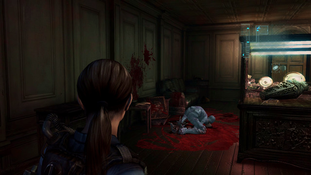 Corridor takes you to the room with expositions and zombie, who is eating - Double Mystery - part II - Episode 2 - Resident Evil: Revelations - Game Guide and Walkthrough