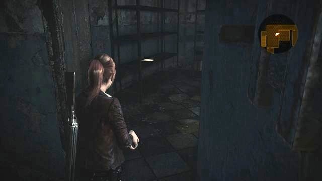Behind the door, where the opponents dashed out, there is a Document on the shelf. - Escape the facility - activate power supply | Penal Colony - Claire - Penal Colony - Claire - Resident Evil: Revelations 2 Game Guide