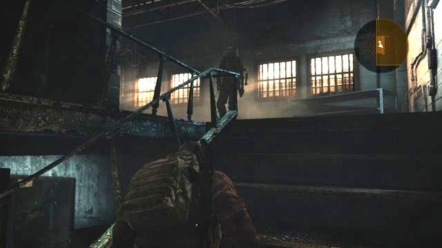 Whenever you already know where the enemy is, crouch to get him from behind. - Cross the building | Penal Colony - Barry - Penal Colony - Barry - Resident Evil: Revelations 2 Game Guide
