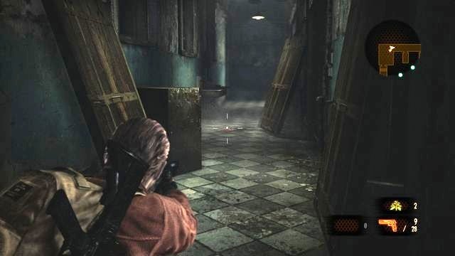 At the correct distance, eliminate the threat by shooting at the bubbling goo. - Cross the building | Penal Colony - Barry - Penal Colony - Barry - Resident Evil: Revelations 2 Game Guide