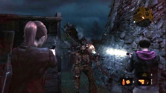 The opponents jump down from the roof and they appear to the right of the building. - Find fuel and the battery | Contemplation - Claire - Contemplation - Claire - Resident Evil: Revelations 2 Game Guide