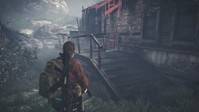After you have cleared the area, search through the barrels (pistol ammo, Topaz - 100 CP), and carry the crate, to the left, over to the wall of the second house (the spot in the screenshot) where you will be able to climb to the roof - Go to the tower | Contemplation - Barry - Contemplation - Barry - Resident Evil: Revelations 2 Game Guide