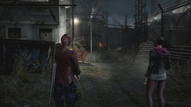 To the right - main square between the buildings, to the left - a box and Tower Emblem - Go to the Factory | Judgement - Claire - Judgement - Claire - Resident Evil: Revelations 2 Game Guide