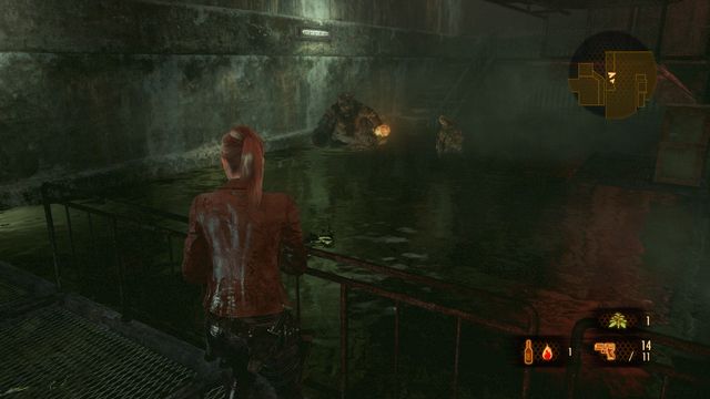 In the place shown in the screen above, you will be attacked by a large mutant shooting missiles from his cauldron for the last time - Get through the sewers | Judgement - Claire - Judgement - Claire - Resident Evil: Revelations 2 Game Guide