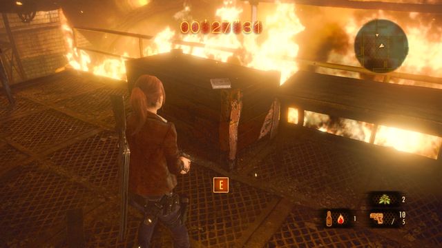 When escaping the burning Factory, on the platform closest to the exit, on a box to your right - Judgement - Claire | Documents - Episode 3 - Judgement - Documents - Resident Evil: Revelations 2 Game Guide