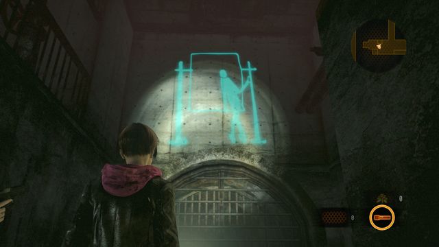 In the sewers, from the place where you find the map, turn right into a corridor and at the end of it turn right again (under the water flowing down from the pipe) - Kafka Drawings (Moira) - Judgement | Emblems - Episode 3 - Judgement - Tower emblems - Resident Evil: Revelations 2 Game Guide