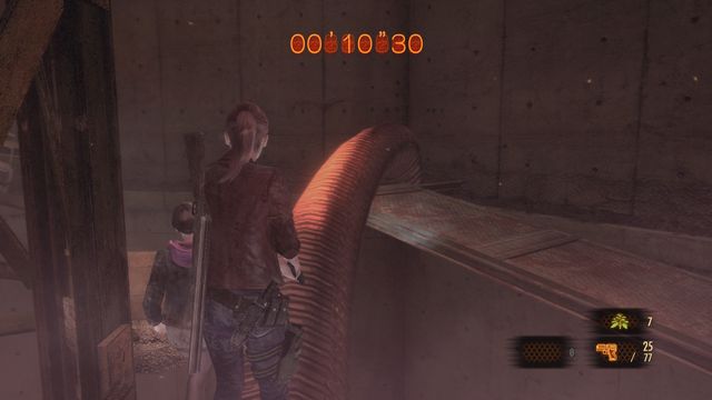 Watch out for the last invisible monstrosity at the end of the pipe. - Run from the monument - countdown | Metamorphosis - Claire - Metamorphosis - Claire - Resident Evil: Revelations 2 Game Guide