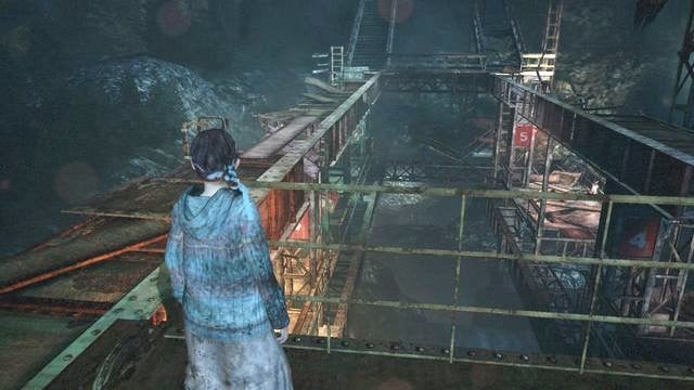 To pass the hole, use the platform, which top will work as a bridge. - Go to the top of the cliff | Metamorphosis - Barry - Metamorphosis - Barry - Resident Evil: Revelations 2 Game Guide