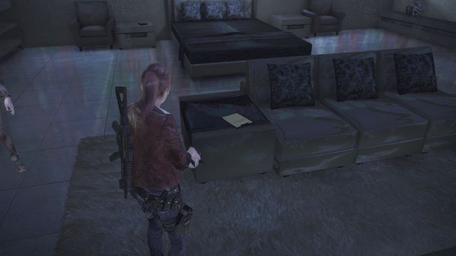 In the office, on higher level, shelf next to the coach - Metamorphosis - Claire | Documents - Episode 4 - Metamorphosis - Documents - Resident Evil: Revelations 2 Game Guide