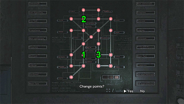 In order to solve this riddle you must press three correct red buttons so that all the points will light up in green - Repowering the plant | Treatment Plant Walkthrough - Treatment Plant - Resident Evil Zero HD Game Guide & Walkthrough