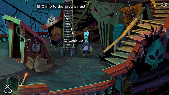 Go to the right and select the option of climbing the Crow's Nest, which is no longer guarded - Return to Monkey Island: Sail to Monkey Island - walkthrough - Part 2 - A Dangerous Journey - Return to Monkey Island Walkthrough