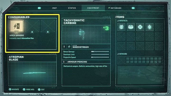 Selene's inventory can be viewed primarily in the Equipment window available after pausing the game - Returnal: Inventory - how to increase size? - Equipment & Items - Returnal Guide