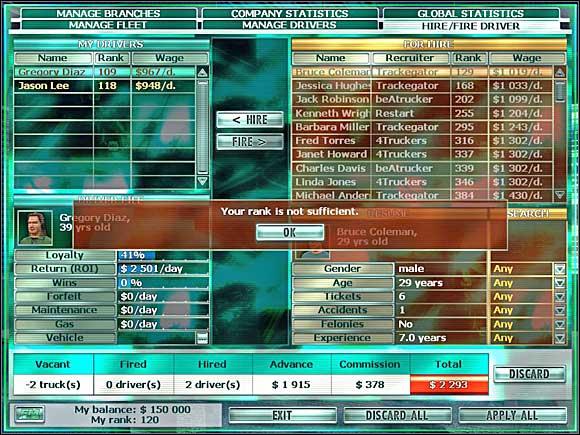 Drivers' hiring screen. - Hints - managing your firm - RignRoll - Game Guide and Walkthrough