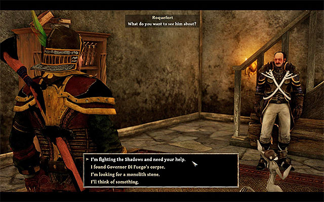 You can pick one of several reasons, for which you want to see the commandant - The Commandant of Tacarigua - Side Quests - Tacarigua - Risen 3: Titan Lords - Game Guide and Walkthrough