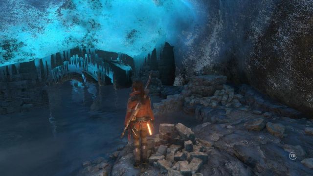Jump down, where Lara slides down into another big cave - Rise of the Tomb Raider: Follow the Mongolian path, walkthrough - Siberian Wilderness - Best Laid Plans - Rise of the Tomb Raider Guide