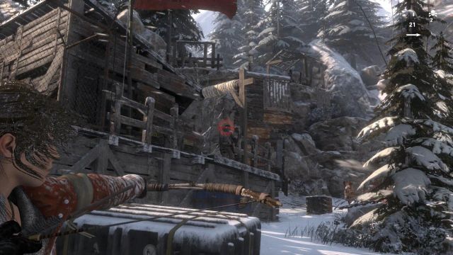 Do not approach the shack, nor the soldiers here, up front, but through the snowdrifts from, the back side - Rise of the Tomb Raider: Zip line into the prison grounds, walkthrough - Unexpected Discovery - Rise of the Tomb Raider Guide