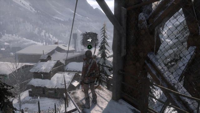 As soon as you strike a deal with the trader, leave the shack through the back door, climb up the ladder to the metal plank and zipline straight into the prison - Rise of the Tomb Raider: Zip line into the prison grounds, walkthrough - Unexpected Discovery - Rise of the Tomb Raider Guide