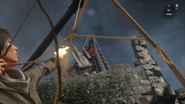 While atop the lift, look up, select flame arrow and shoot it towards the stack - Rise of the Tomb Raider: Light the Signal Fire on the Spire, walkthrough - Prepare for Battle - Rise of the Tomb Raider Guide