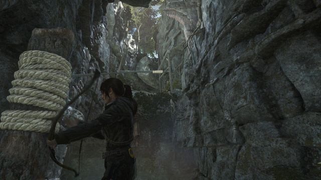 Shoot an arrow towards the rope bundle in the distance - Rise of the Tomb Raider: Find a way into the Acropolis, walkthrough - Into the Acropolis - Rise of the Tomb Raider Guide