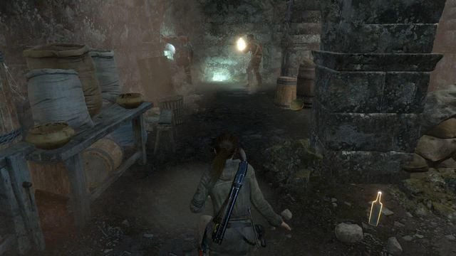 After you take several turns, you run into a patrol of two soldiers - Rise of the Tomb Raider: Infiltrate the ruins and find Sofia, walkthrough - To the Tower - Rise of the Tomb Raider Guide