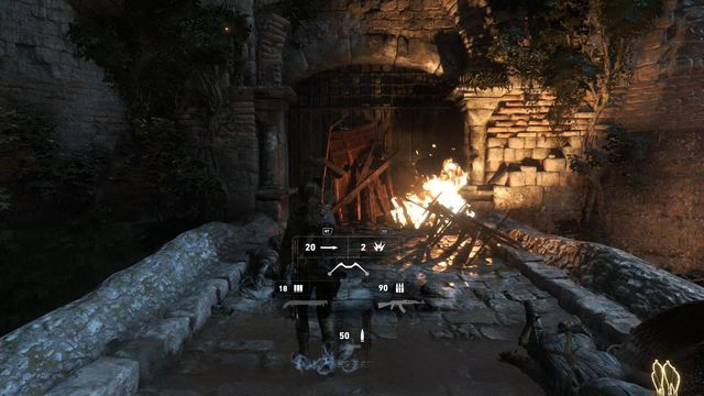 Again, pick the explosive arrow and shoot it at the junk that is blocking the gate - Rise of the Tomb Raider: Breach the gate to the Tower Courtyard, walkthrough - To the Tower - Rise of the Tomb Raider Guide