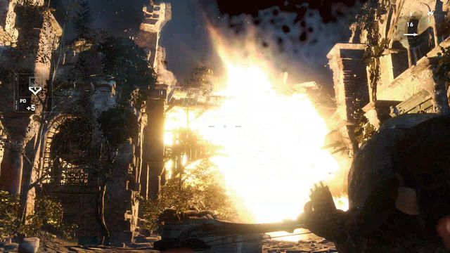which you are going to use right around the corner, against opponents on the plank above the ground if you want to see a spectacular explosion (although this can be achieved in a number of other ways) - Rise of the Tomb Raider: Attack Trinity to lure the helicopter out, walkthrough - To the Tower - Rise of the Tomb Raider Guide