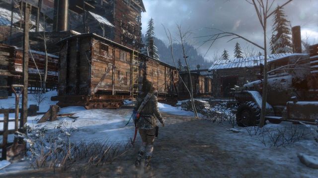 After you get to the grounds of the mill, climb up the yellow ladder, onto the first railway car - Rise of the Tomb Raider: Climb the copper mill to reach the mine, walkthrough - Alone Again - Rise of the Tomb Raider Guide