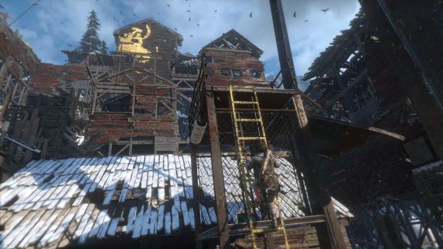 Over the next ladder, climb onto the first level of the copper mill - Rise of the Tomb Raider: Climb the copper mill to reach the mine, walkthrough - Alone Again - Rise of the Tomb Raider Guide