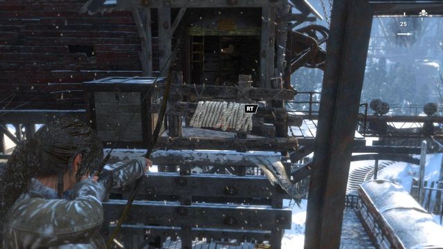 To jump over from the left side of the mill to the right one, you first need to rip away the wooden fence - Rise of the Tomb Raider: Climb the copper mill to reach the mine, walkthrough - Alone Again - Rise of the Tomb Raider Guide