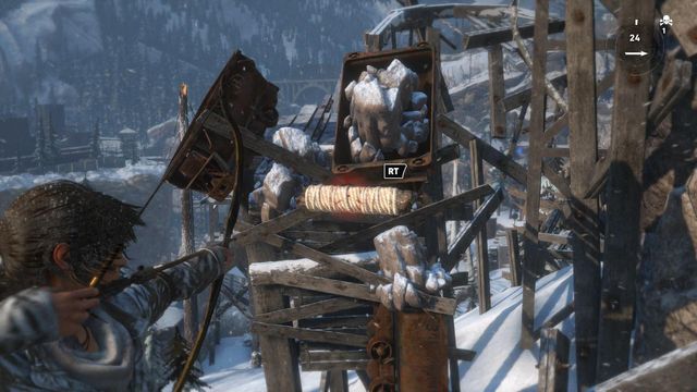 Get rid of the cart that blocks your way, by shooting another rope arrow at it - Rise of the Tomb Raider: Climb the copper mill to reach the mine, walkthrough - Alone Again - Rise of the Tomb Raider Guide