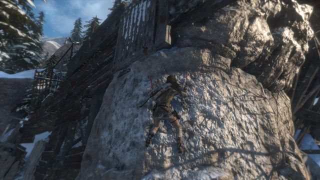 Walk over the narrow fragment of the scaffolding, leap towards the rocky wall and remember to jab your hatchet into it - Rise of the Tomb Raider: Climb the copper mill to reach the mine, walkthrough - Alone Again - Rise of the Tomb Raider Guide