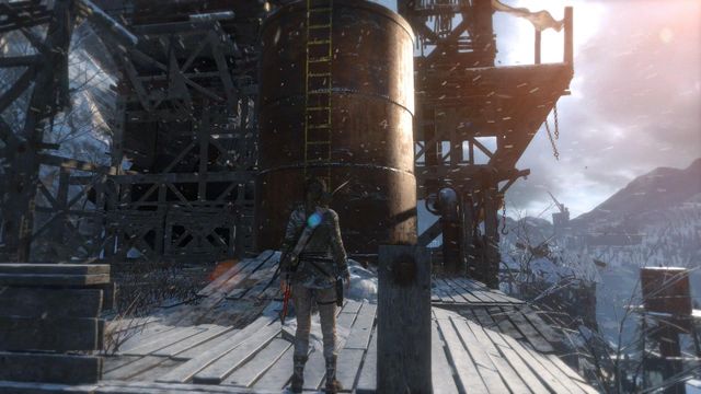 Climb up the ladder onto the small container and jump over from the container towards the ledge - Rise of the Tomb Raider: Climb the copper mill to reach the mine, walkthrough - Alone Again - Rise of the Tomb Raider Guide