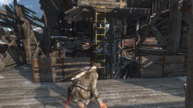 After you kill the guard, jump onto the yellow ladder and climb up to reach the next level of the mill - Rise of the Tomb Raider: Climb the copper mill to reach the mine, walkthrough - Alone Again - Rise of the Tomb Raider Guide