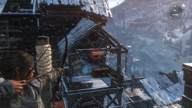 Shoot an arrow at the rope bundle at the other side of the chasm, while next to the stump covered in rope - Rise of the Tomb Raider: Climb the copper mill to reach the mine, walkthrough - Alone Again - Rise of the Tomb Raider Guide
