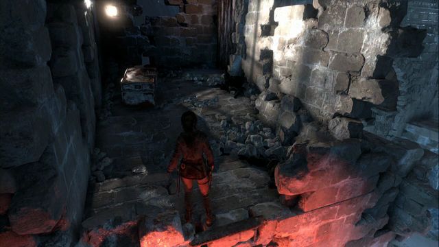 In the same chamber as the above chest - before the chamber with canisters in it and an explosive barrel, on the left, there is a path up and that is where the chest is - Rise of the Tomb Raider: Relics, murals and chests, Abandoned Mine secrets - Abandoned Mine - Rise of the Tomb Raider Guide