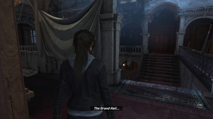 While visiting the grand hall Lara will remember the conversations from her past. - Rise of the Tomb Raider, Blood Ties DLC: The road to the library walkthrough - Walkthrough | Blood Ties DLC - Rise of the Tomb Raider Guide