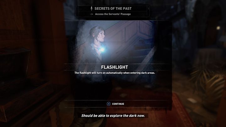 The flashlight turns on automatically when you are in a very dark place. - Rise of the Tomb Raider, Blood Ties DLC: The road to the library walkthrough - Walkthrough | Blood Ties DLC - Rise of the Tomb Raider Guide