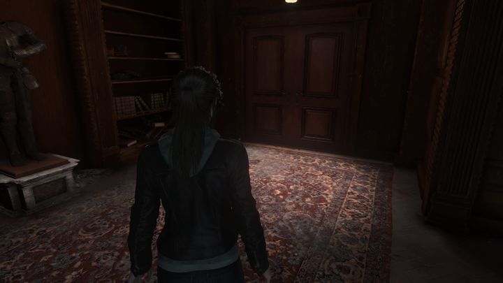 Open the door on the left from the chest and the ones at the bottom of the library, on the right side of Sir Reginalds armour - Rise of the Tomb Raider, Blood Ties: Discover the clues, safe - walkthrough - Walkthrough | Blood Ties DLC - Rise of the Tomb Raider Guide