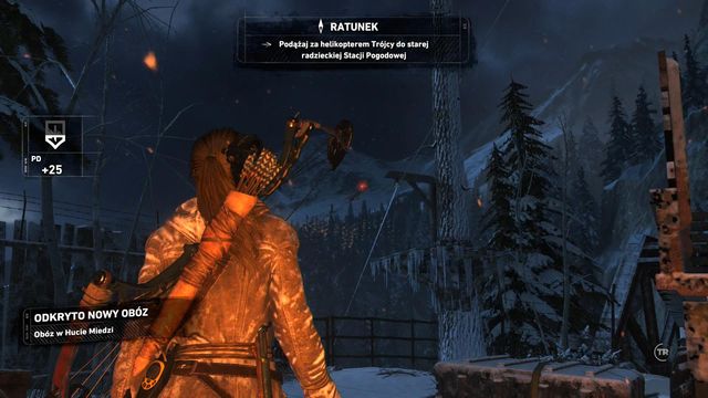 Open the crate several meters away from you, where you find broadhead arrows, over which you can climb, after you drive them into marked wooden surfaces - Rise of the Tomb Raider: Follow the Trinity helicopter to the base, walkthrough - The Rescue - Rise of the Tomb Raider Guide