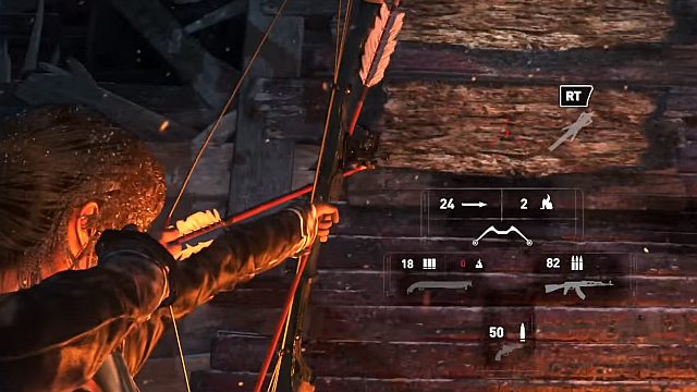 Lara uses broadhead arrows automatically, after you aim at wooden surfaces - Rise of the Tomb Raider: Follow the Trinity helicopter to the base, walkthrough - The Rescue - Rise of the Tomb Raider Guide