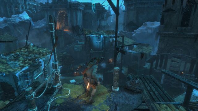 Over the rooftops, head towards the gate that you can see in the distance (the screenshot) - Rise of the Tomb Raider: Get through the first gate, walkthrough - The Frozen City - Rise of the Tomb Raider Guide