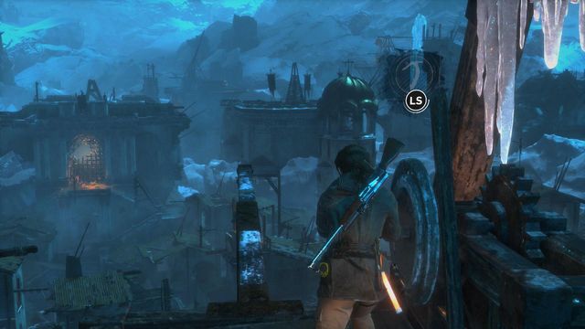 Using the hatchet, turn the trebuchet to make the long projecting beam point towards the gate at the other side of the location - Rise of the Tomb Raider: Get through the first gate, walkthrough - The Frozen City - Rise of the Tomb Raider Guide