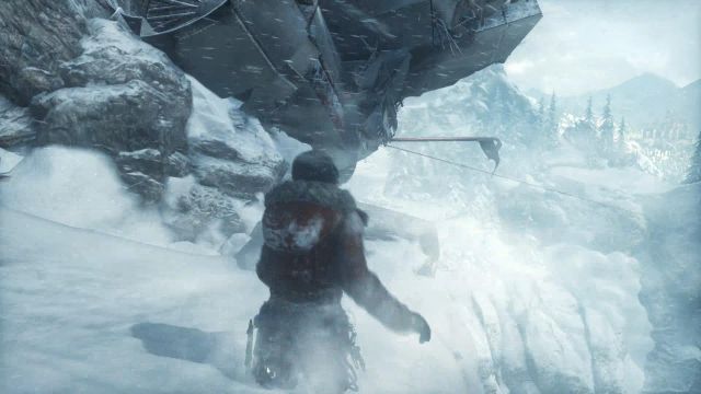 At the end of the plane wreck, jump up to catch the metal rod pointing from the tail of the machine - Rise of the Tomb Raider: Get to the top of the mountain walkthrough - Siberian Wilderness - Passageway - Rise of the Tomb Raider Guide