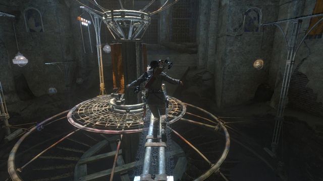 Jump onto the balance beam and run towards the base grate of the device - Rise of the Tomb Raider: Open the entrance to Kitezh, walkthrough - Path of the Deathless - Rise of the Tomb Raider Guide