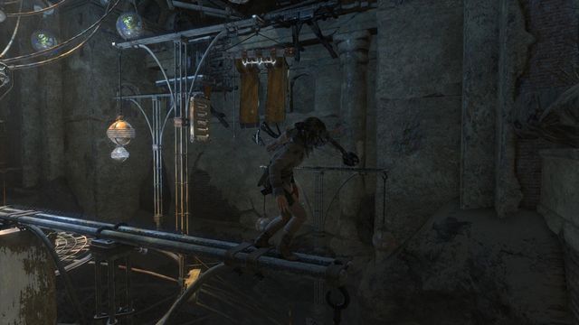 Now, after you jump onto the properly positioned beam, use rope and hook to swing to the next one - Rise of the Tomb Raider: Open the entrance to Kitezh, walkthrough - Path of the Deathless - Rise of the Tomb Raider Guide